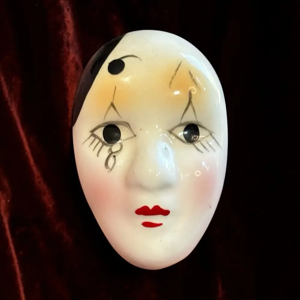 Vintage Ceramic Pierrot Clown Face Brooch Hand Painted Art Pottery Mask Pin